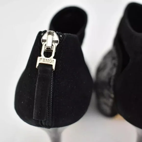 Fendi Size 37 Crystal Embellished Black Suede Platform High Heel Ankle Booties